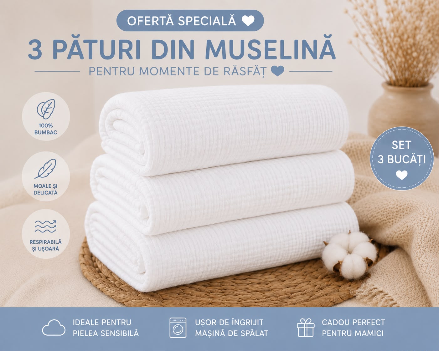 Set 3 paturi muselina alb 70x70 bebelusi