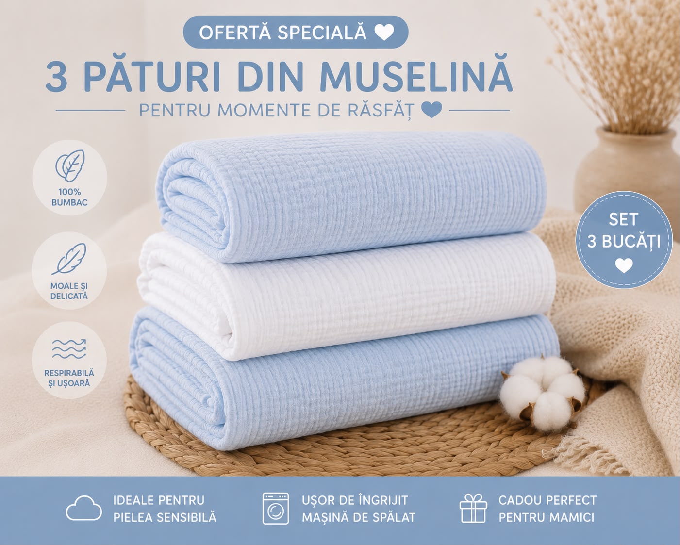 Set 3 paturi muselina albastru & alb 70x70 bebelusi