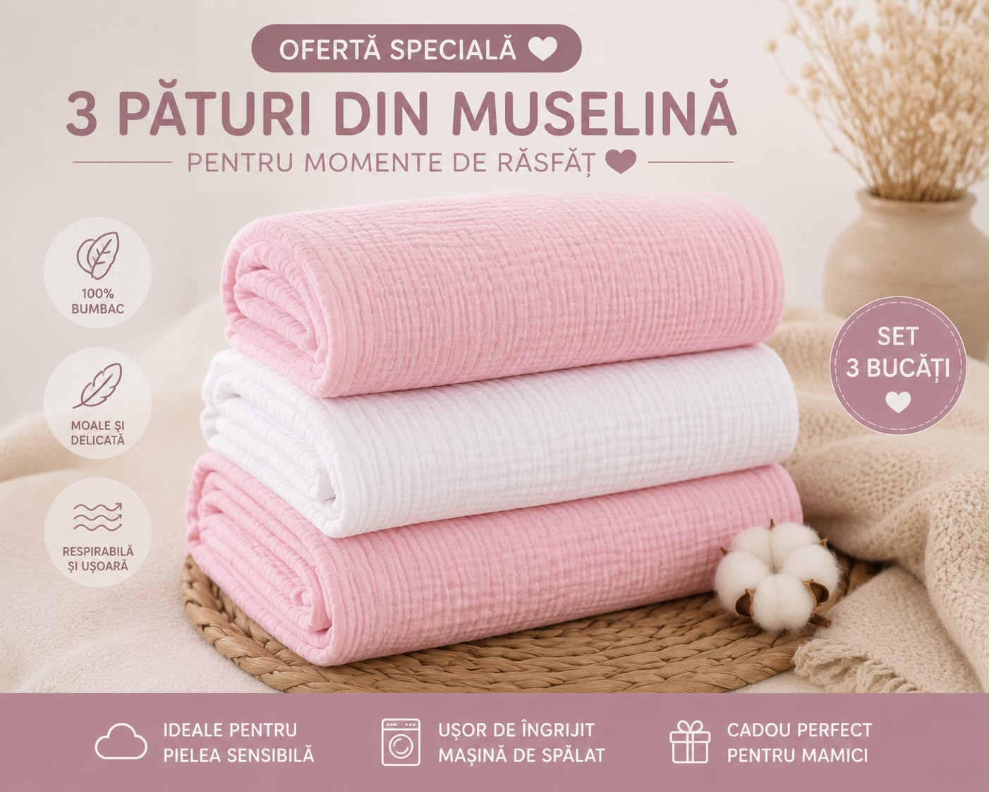 Set 3 paturi muselina roz & alb 70x70 bebelusi