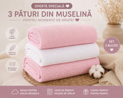Set 3 paturi muselina roz & alb 70x70 bebelusi