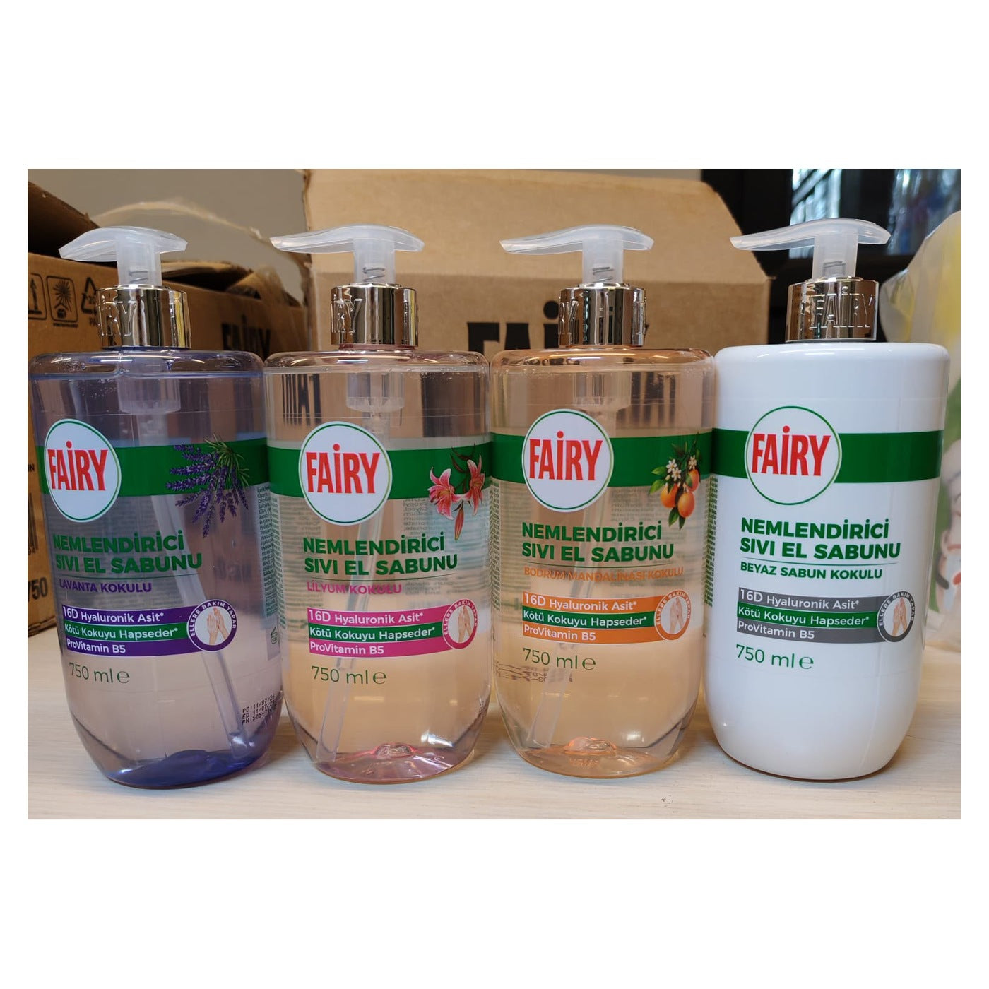 Pachet 4 sapunuri lichide de maini Fairy 750 ml toate aromele