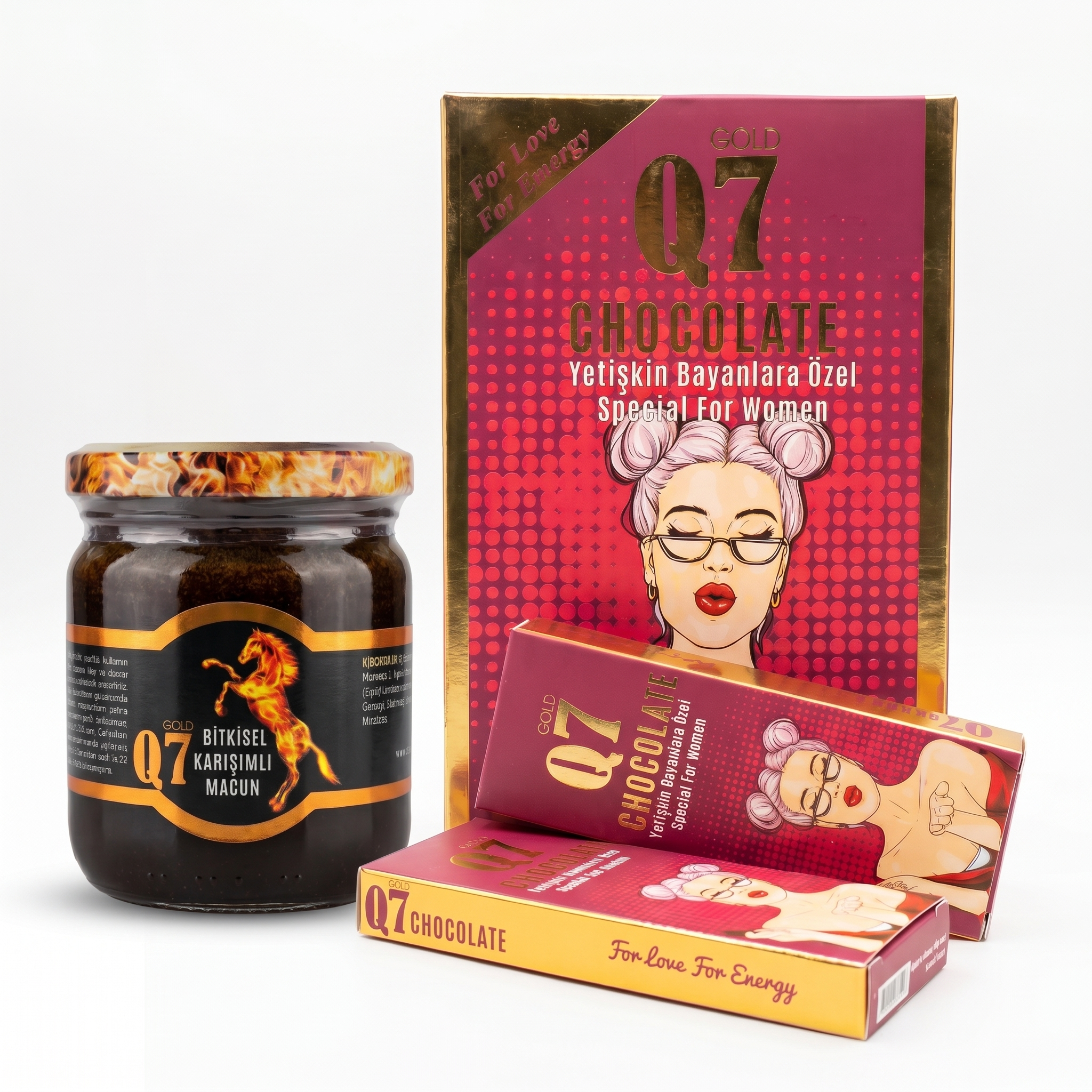 Pachet Q7 Complet – Magiun Premium 240g + Ciocolată Afrodisiacă Strawberry 12 Bucăți