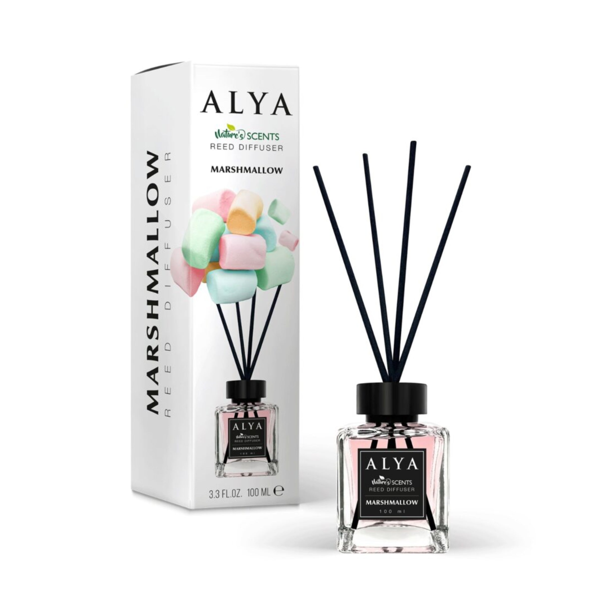 Odorizant de Cameră Alya Marshmallow 100ml – Reed Diffuser cu Bețișoare din Ratan