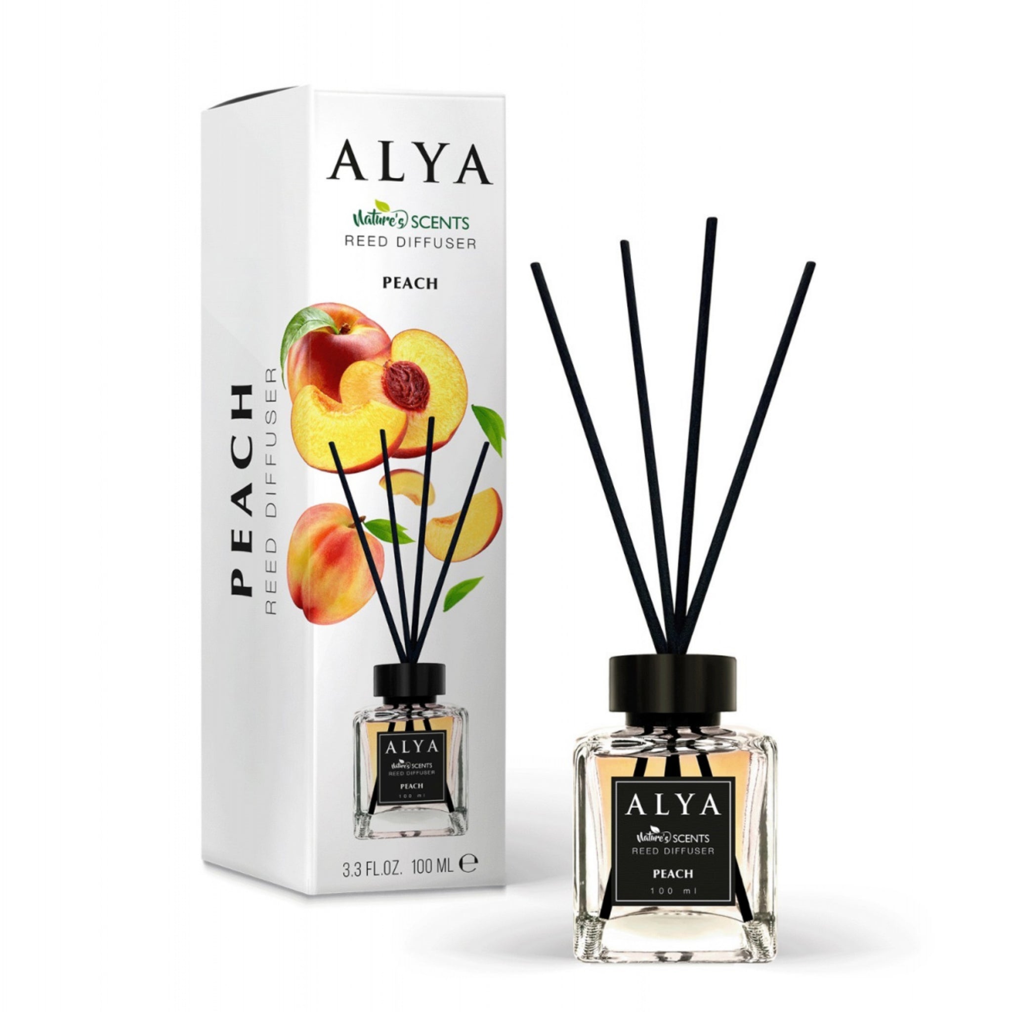 Odorizant de Cameră Alya Piersici 100ml – Reed Diffuser cu Bețișoare din Ratan