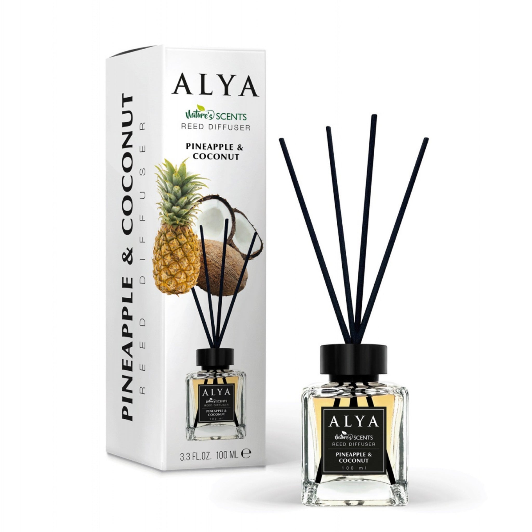 Odorizant de Cameră Alya Ananas și Cocos 100ml – Reed Diffuser cu Bețișoare din Ratan